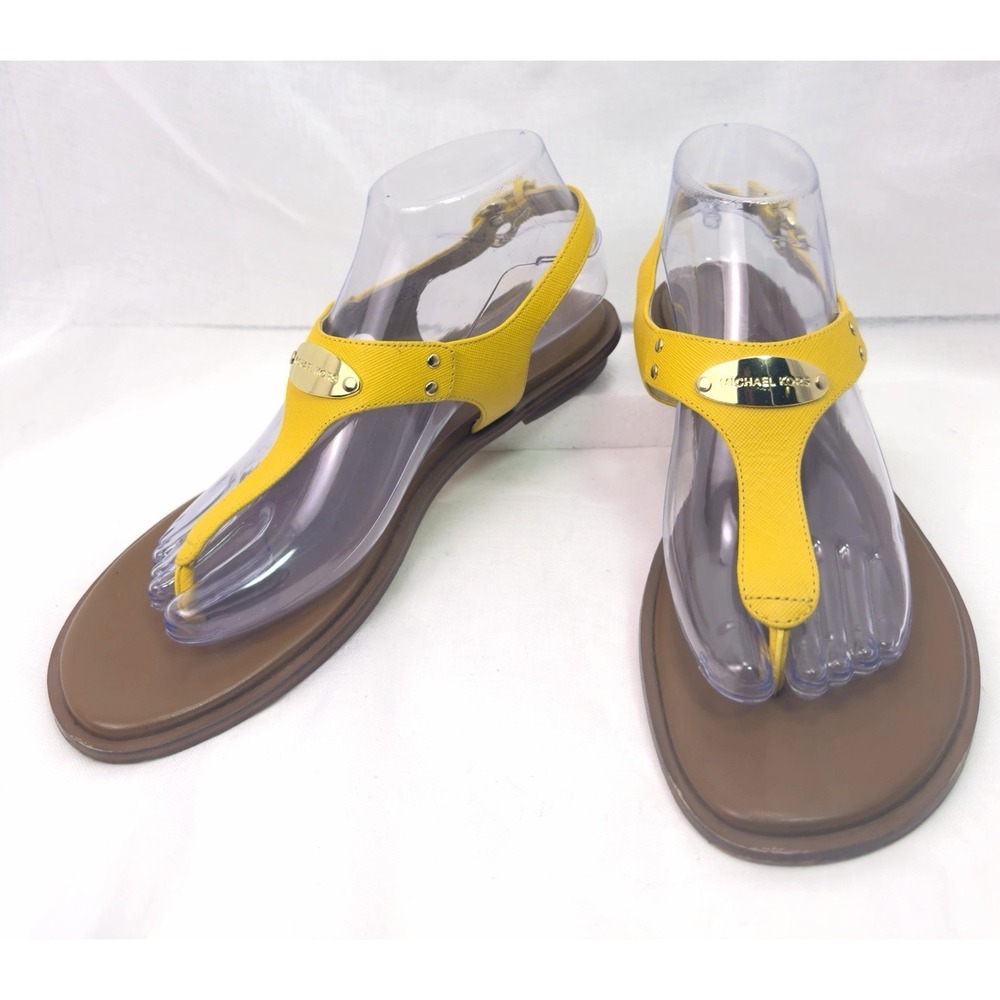 Michael Kors Womens 8.5 Yellow T Strap Thong Sandals Gold Logo Leather